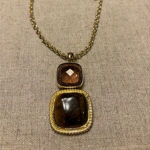 Vintage Gold Rope Chain Necklace - Tiger’s Eye & Amber Toned Stone Pendant